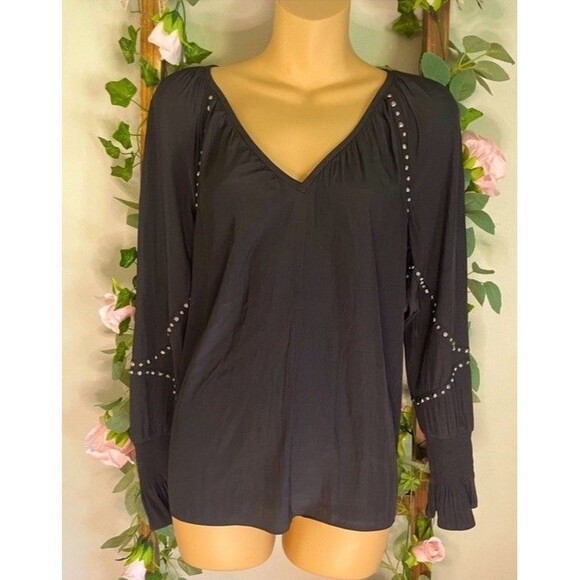 Ramy Brook Black V-Neck Long Sleeve Top Ruffle Lightweight Embellished Blouse - Picture 3 of 7